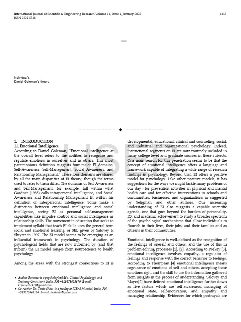 Emotional Intelligence As A Predictor of Satisfaction With Life A Study ...