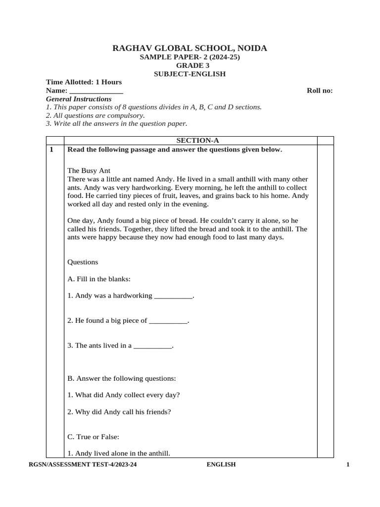 Grade 3 English Sample Paper 2024-25 | PDF | English Language | Grammar