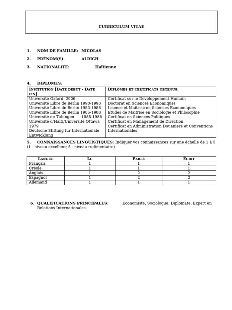CV d'Alrich Nicolas, Économiste et Diplomate | PDF | Haïti | Économie