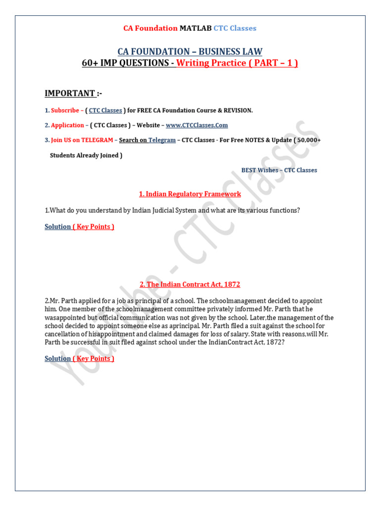 60+ IMP Questions I Business Law Writing Practice Questions I CTC | PDF ...