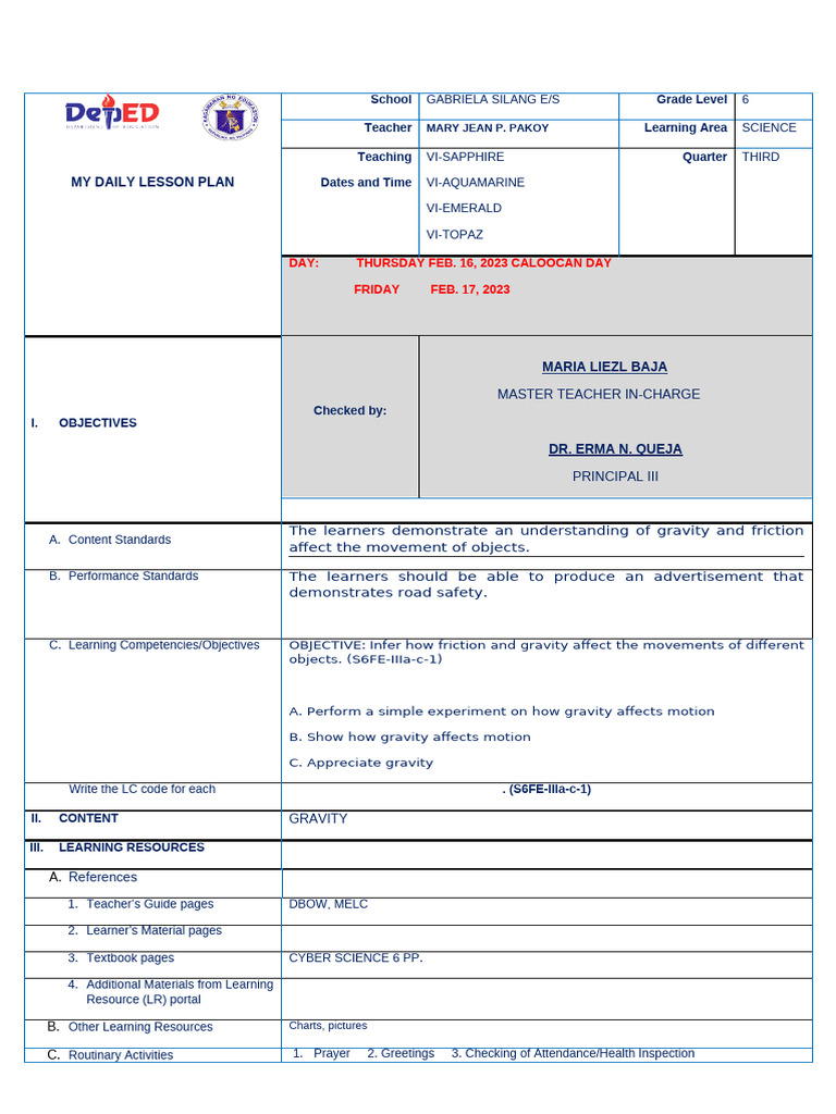 Grade 6 Science Lesson Plan on Gravity | PDF | Skeleton | Bone