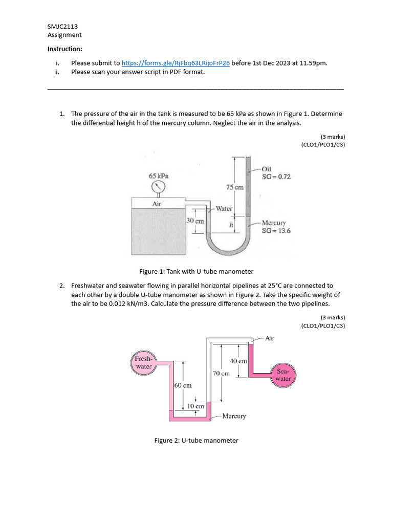 SMJC2113 Fluid Mechanics Assignment | PDF | Pressure Measurement | Flow ...