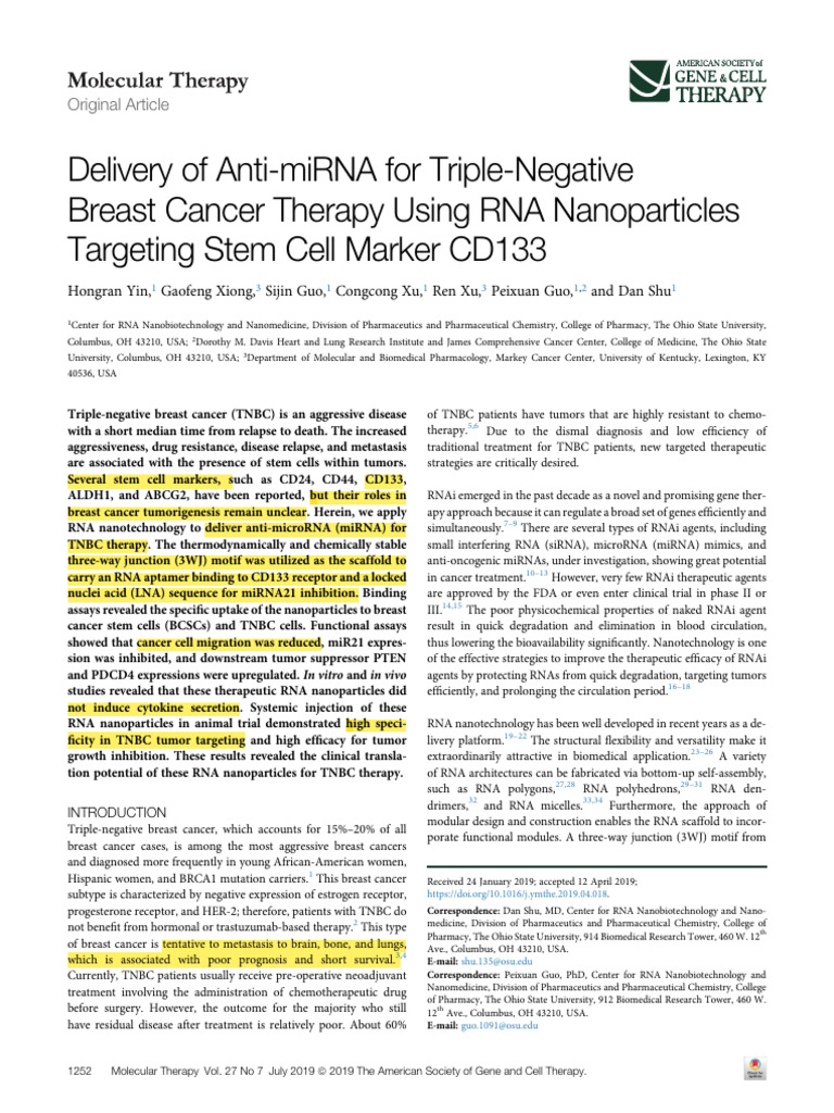 RNA Nanoparticles for TNBC Therapy | PDF | Rna Interference | Cancer