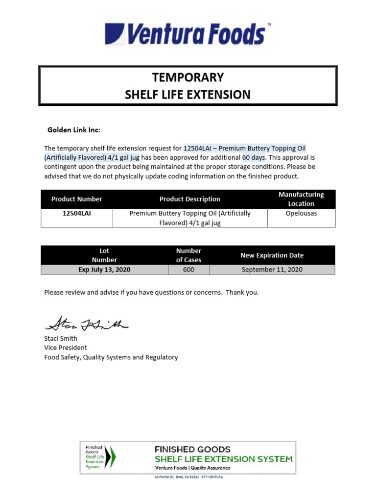 Temporary Shelf Life Extension Notice | PDF