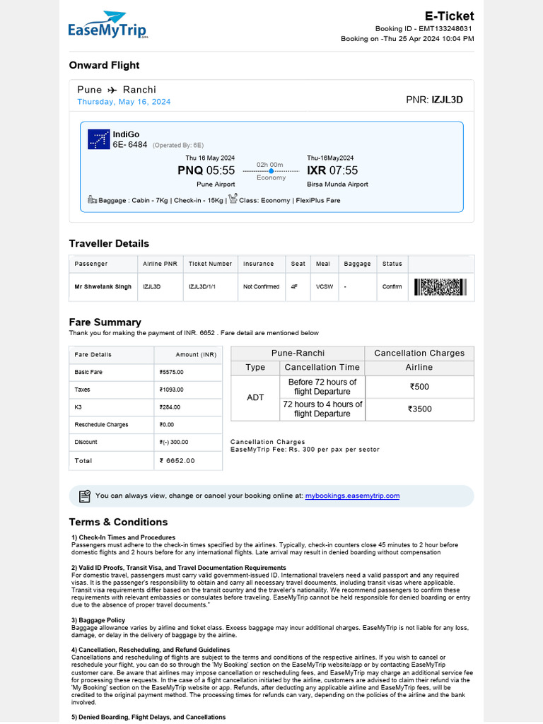 PNQ IXR: Onward Flight | PDF | Travel Visa | Airlines