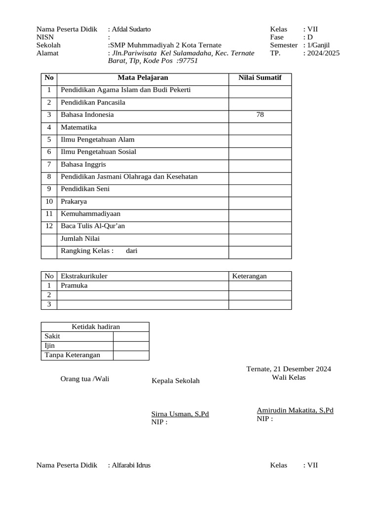 Contoh Raport Kurikulum Merdeka SMP VII | PDF