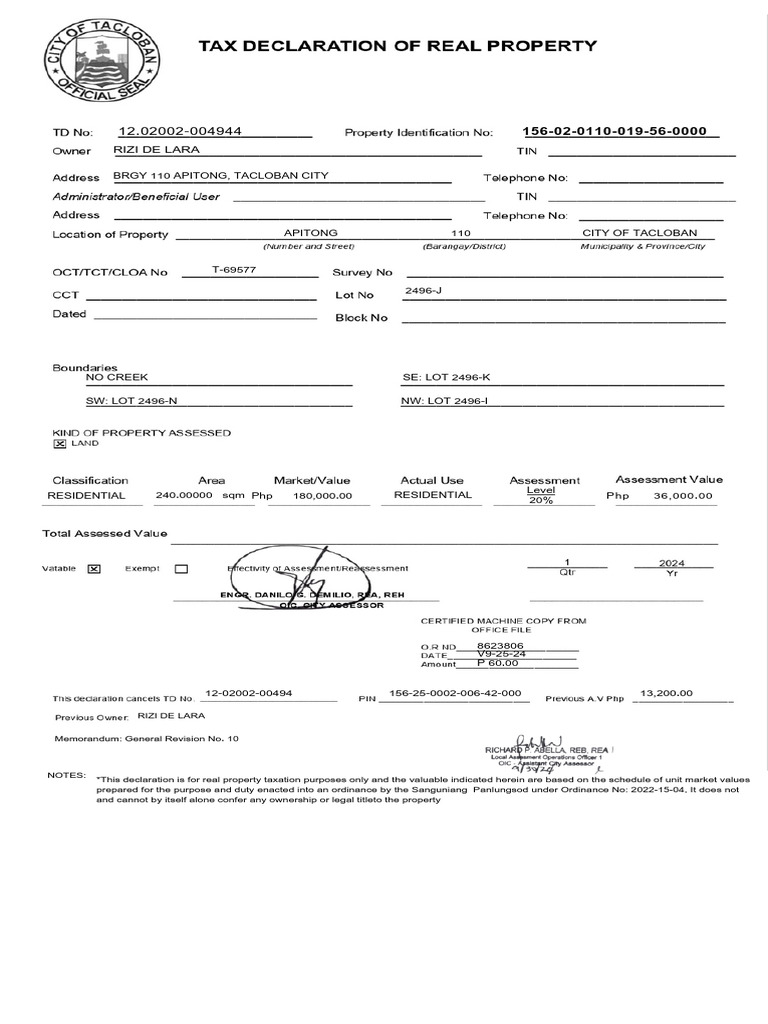 Tax Declaration Sample for Residential Property | PDF