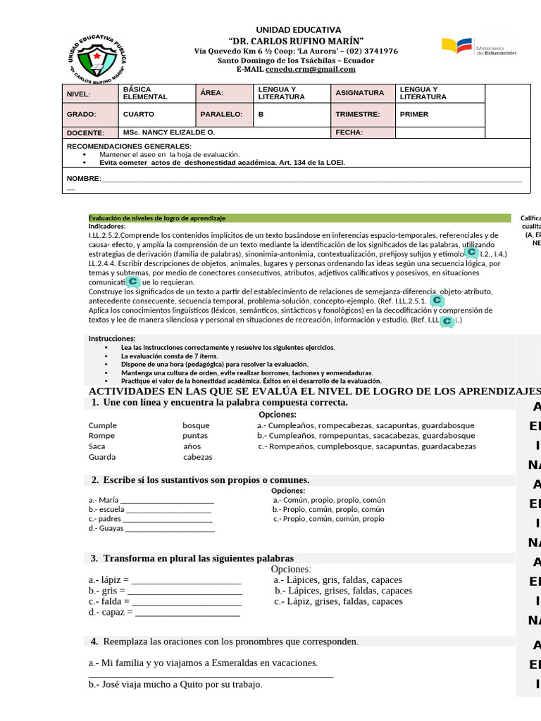 4to Lengua Examen 2do Trimestre 2023-2024 | PDF | Lingüística