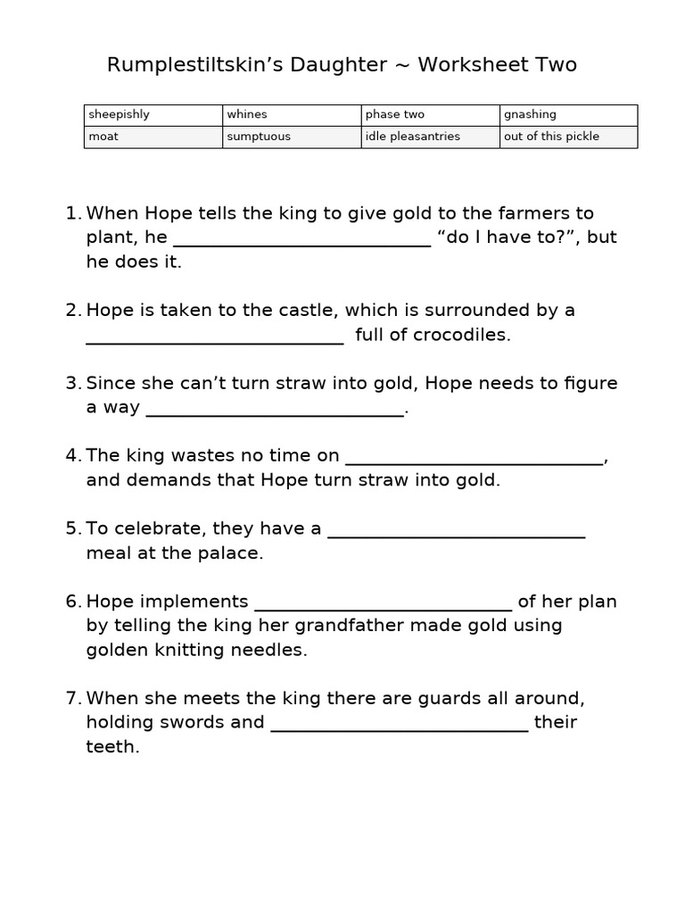 Rumplestiltskin's Daughter Worksheet 2 | PDF