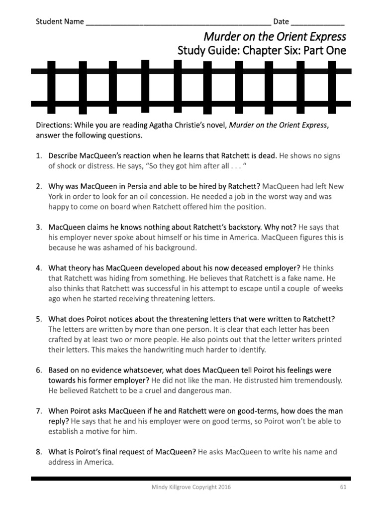Murder On The Orient Express Part 1 Chapter 6-8 Answer Key | PDF