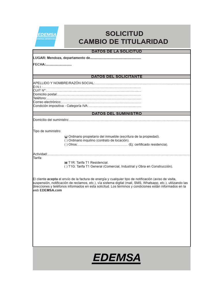 Formulario - Cambio de Titularidad COMPLETO | PDF | Industrias de servicio