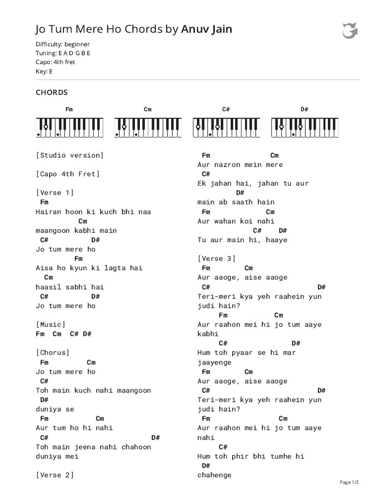 Jo Tum Mere Ho Chords & Lyrics | PDF | Musical Instruments | Guitar ...