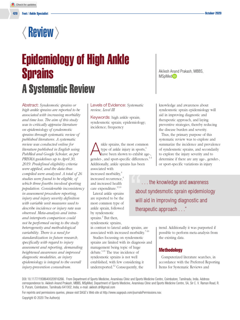 Epidemiology of High Ankle Sprains | PDF | Systematic Review | Epidemiology