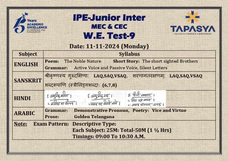IPE JR Inter Weekend Test-9 Syllabus at 11-11-2024 | PDF