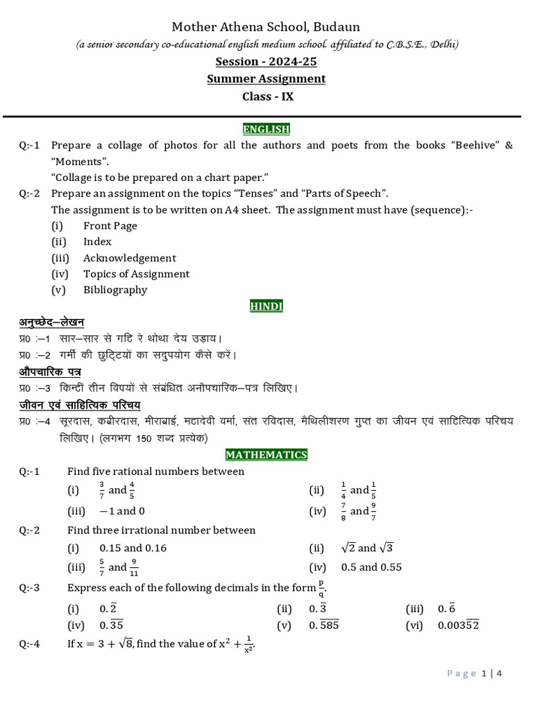 Class IX Summer Assignment 2024-25 | PDF | Liquids | Cell Nucleus