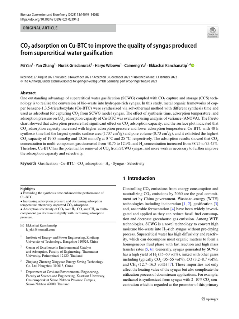 Co2 adsorption on cu btc to improve the quality of syngas produced from