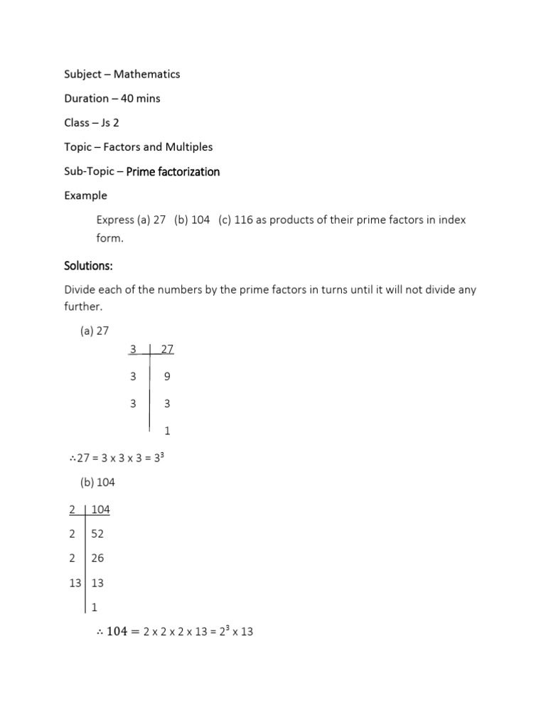 Subject - Mathematics Duration - 40 Mins Class - Js 2 Topic - Factors ...