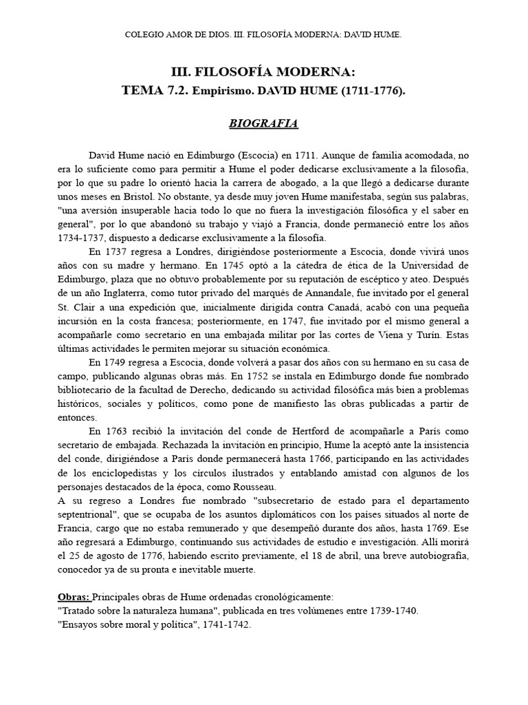 Tema 7.2. Filosofía Moderna. David Hume | PDF | David Hume | Causalidad