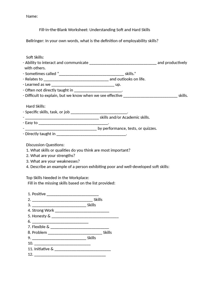 Soft and Hard Skills Worksheet | PDF