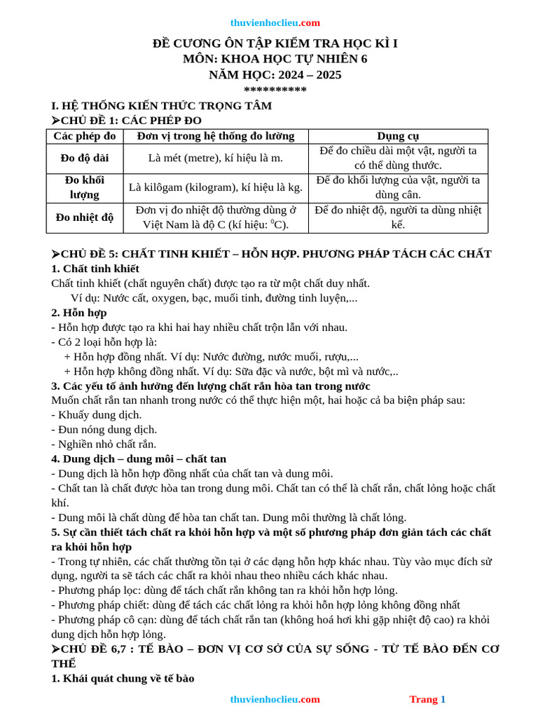 De Cuong On Tap HK1 KHTN 6 CTST Nam 24 25 | PDF