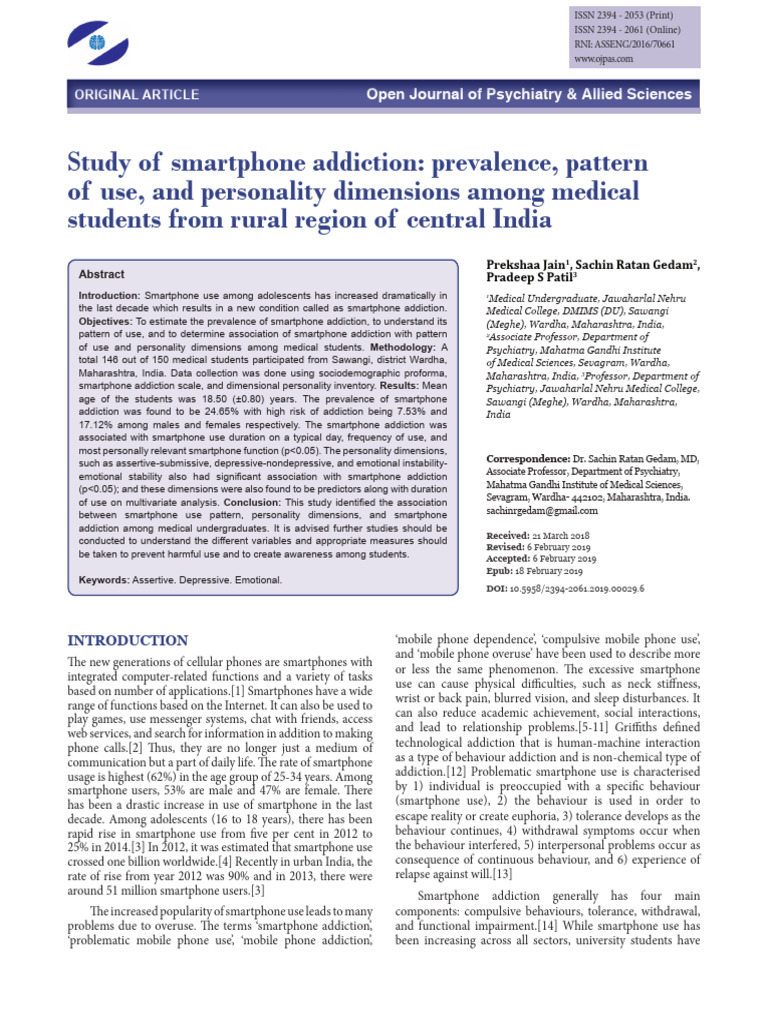 Study Of Smartphone Addiction Prevalence Pattern O Pdf Smartphone