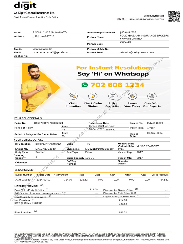 Digit Two-Wheeler Liability Policy Details | PDF | Driver's License ...