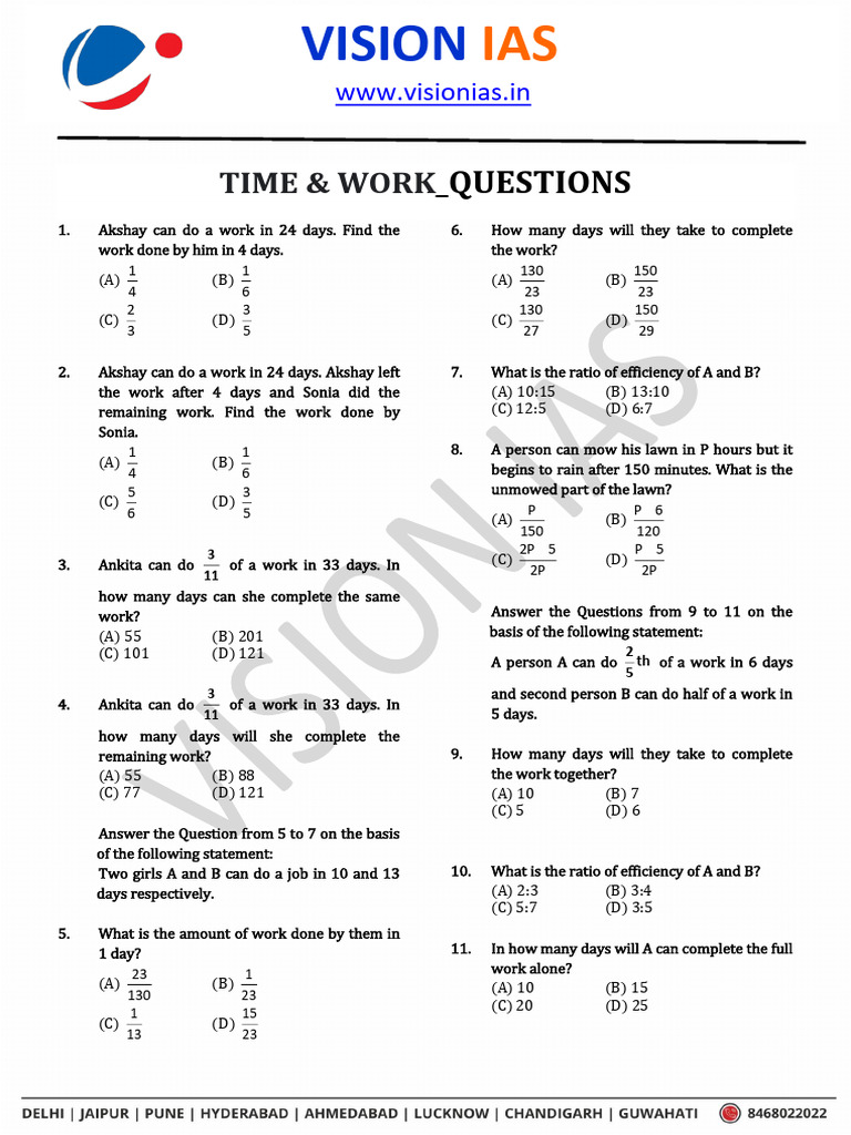 Time and Work Problem Set | PDF