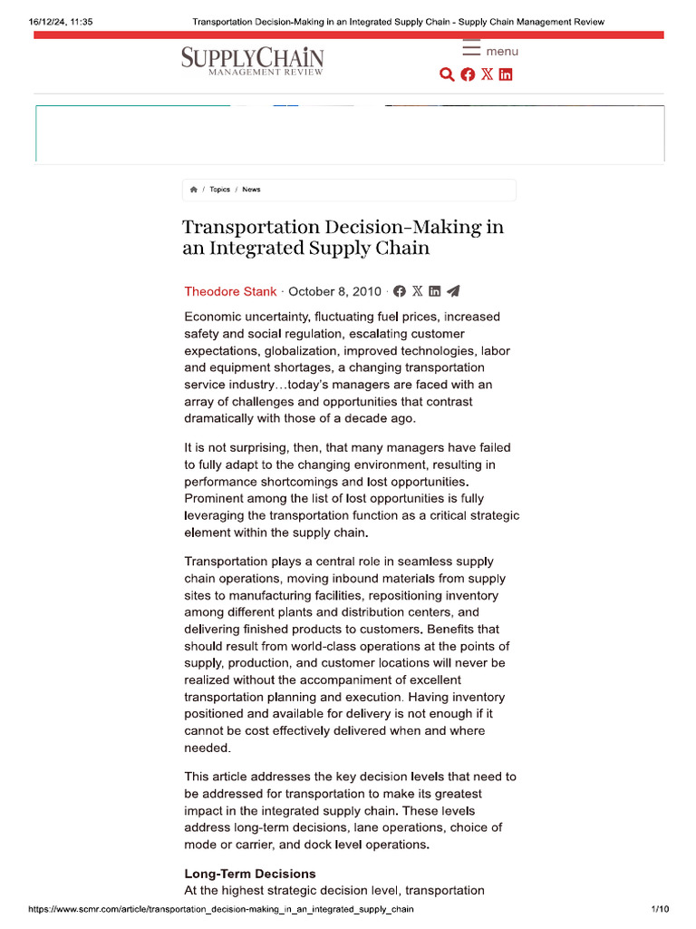 Transportation Decision-Making in An Integrated Supply Chain | PDF