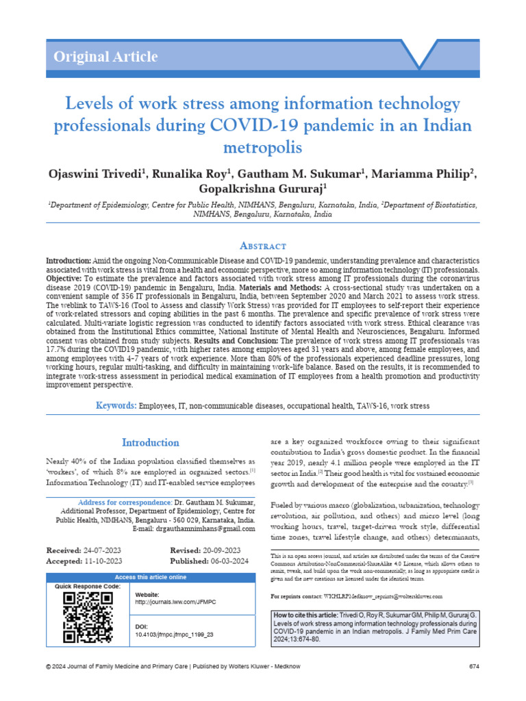 IT Work Stress During COVID-19 | PDF | Occupational Stress | Stress ...
