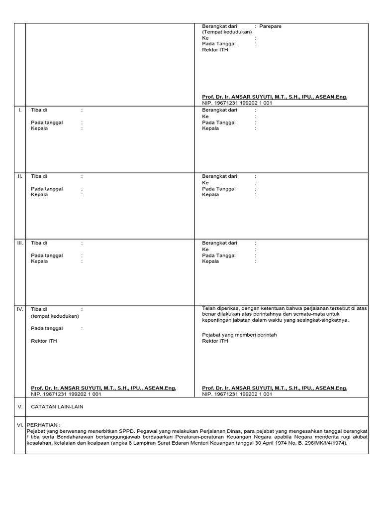 Perjalanan Dinas Rektor ITH | PDF