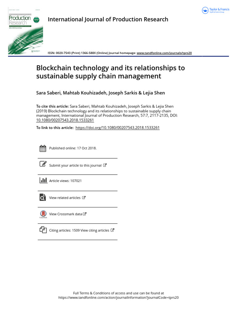 Blockchain Technology and Its Relationships to Sustainable Supply Chain ...