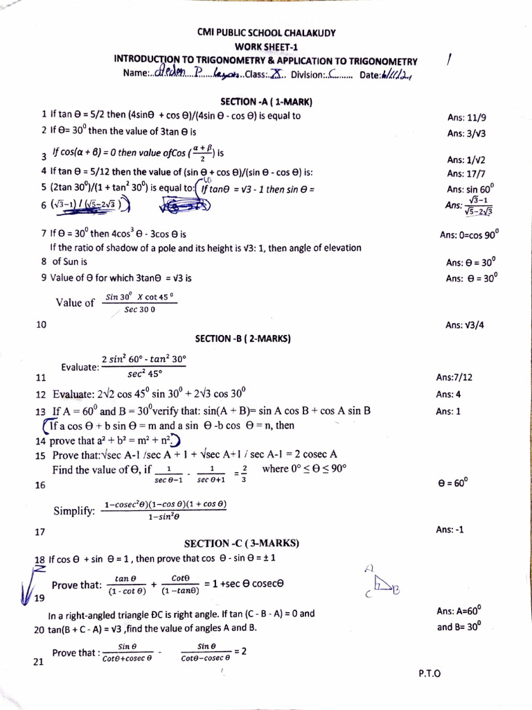Trigonometry Worksheet Solutions | PDF | Special Functions | Combinatorics