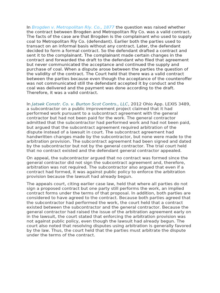 Key Contract Law Cases Explained | PDF | Arbitration | Consideration