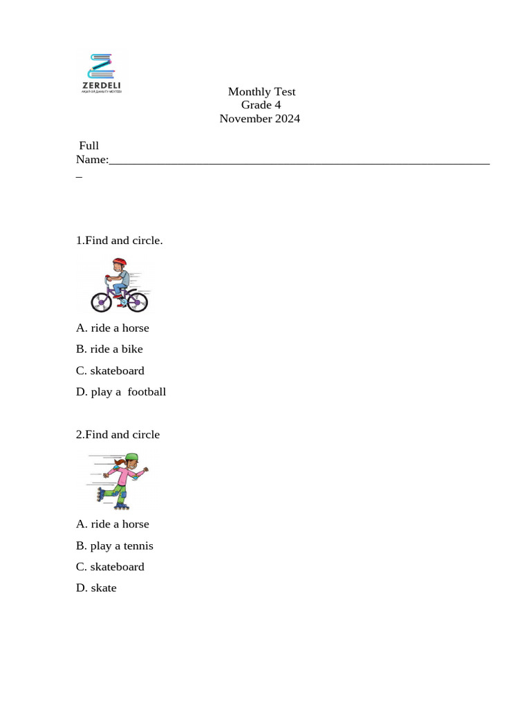 Monthly test 4grade pdf