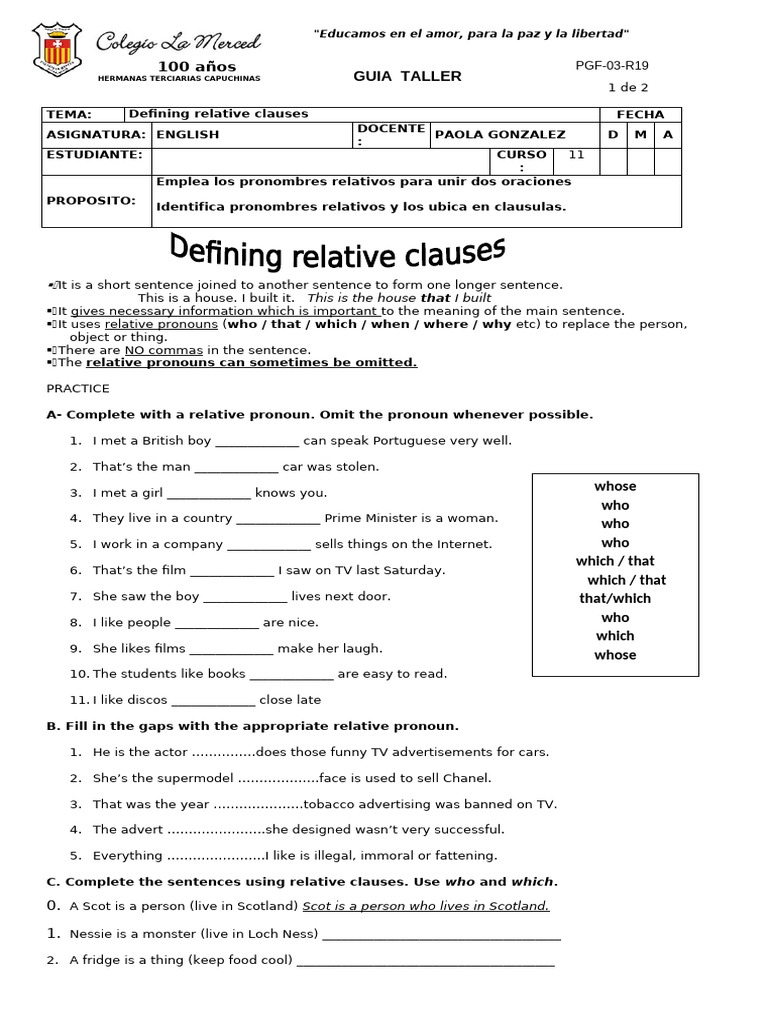 Defining Relative Clauses Exercises | PDF | Linguistics