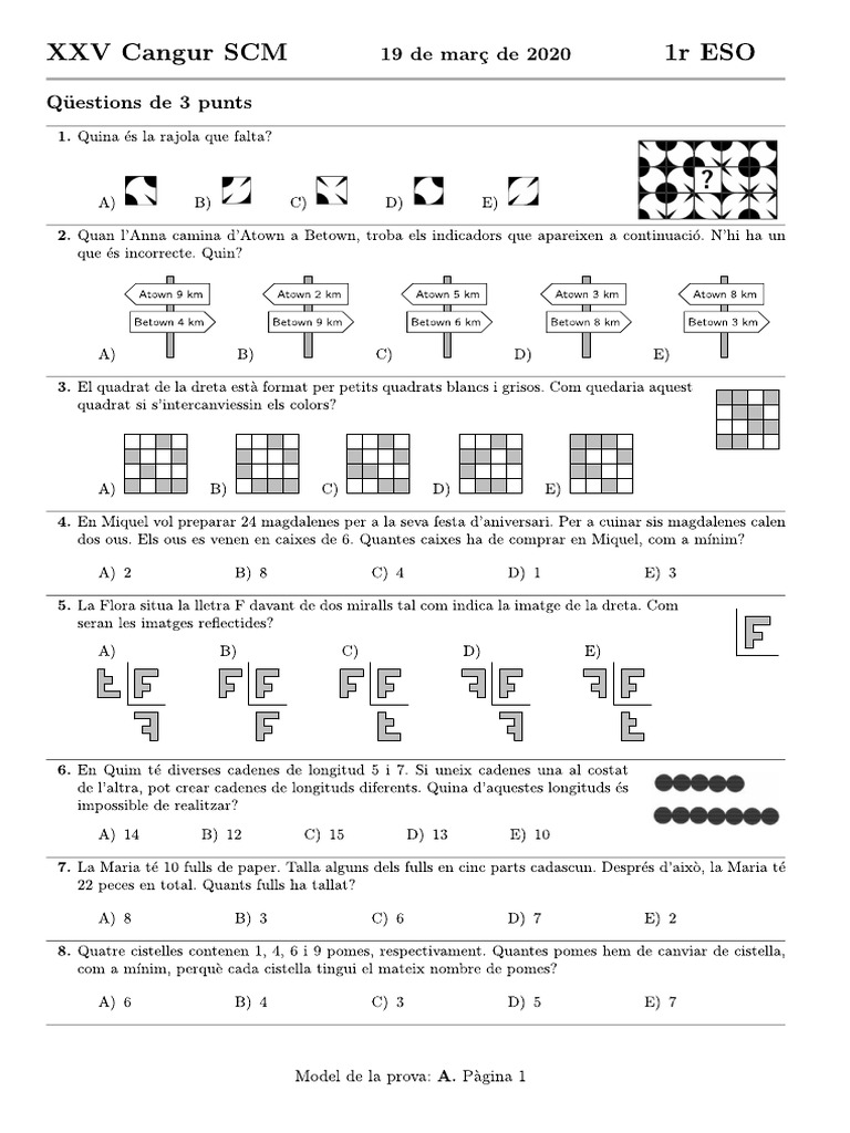PROVA CANGUR 1r ESO MODEL A | PDF