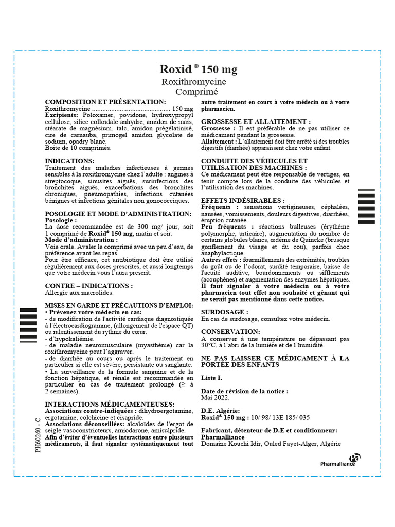 Notice Roxid 150mg Comprime | PDF | Infection | Médecine clinique