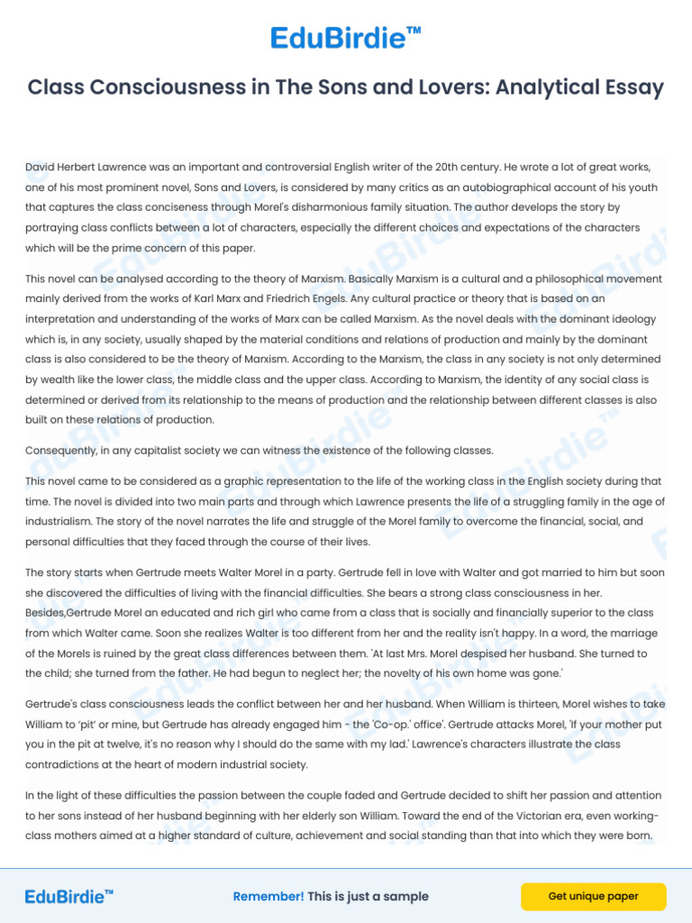 Class Consciousness in The Sons and Lovers Analytical Essay | PDF ...