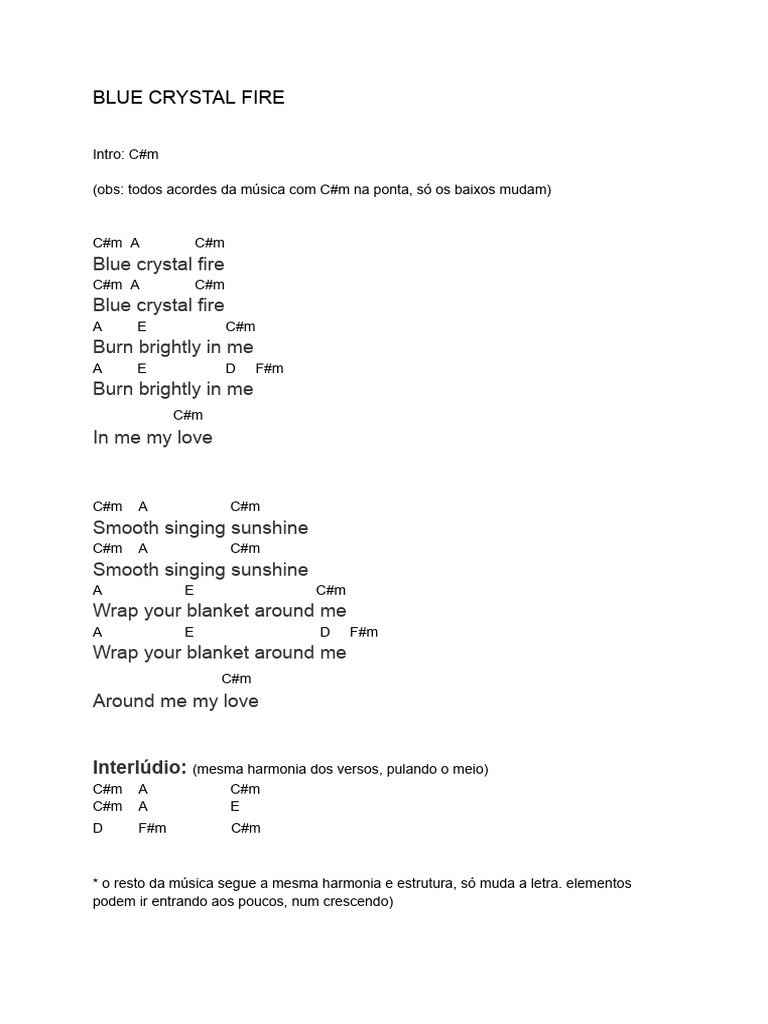 Blue Crystal Fire Lyrics and Chords | PDF