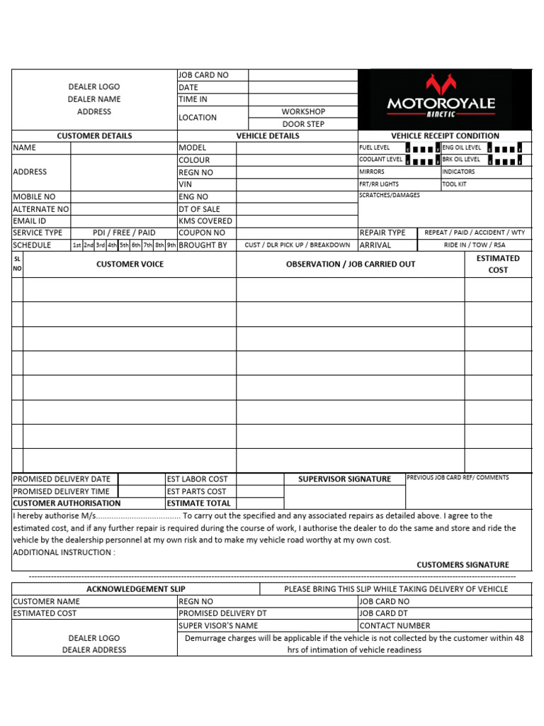 Vehicle Job Card Template PDF | PDF | Motor Vehicle | Vehicles