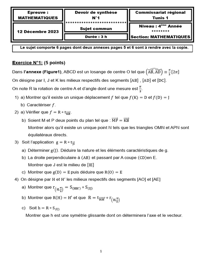Devoir Mathématiques Bac Technique 2024 | PDF | Courbe | Tangente ...