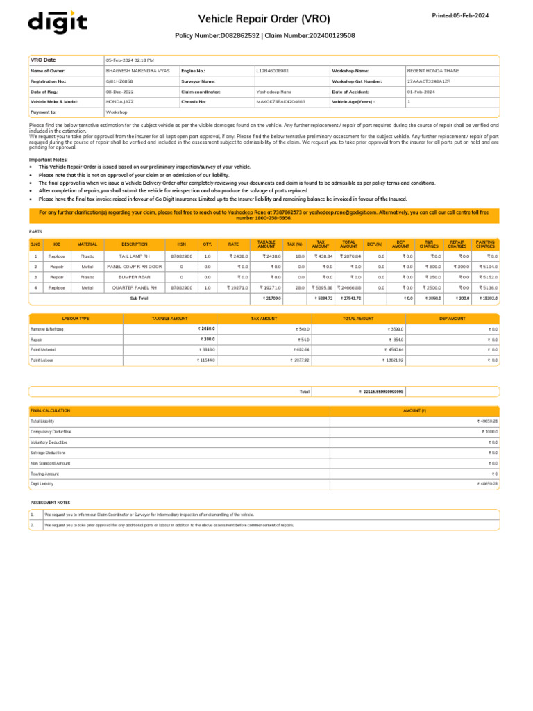 Vehicle Repair Order for Honda Jazz | PDF | Taxes | Government Finances