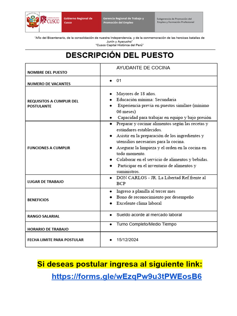 Descripcion Del Puesto - Ayudante de Cocina - Don Carlos | PDF