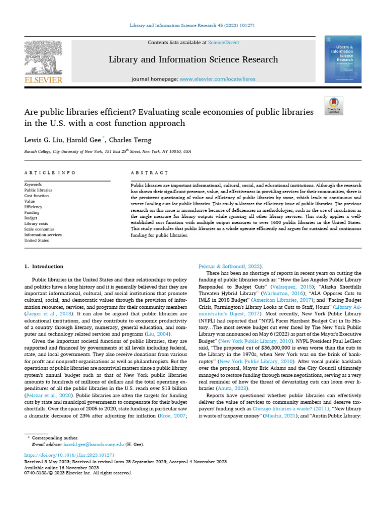 Evaluating U.S. Public Library Efficiency | PDF | Economies Of Scale ...