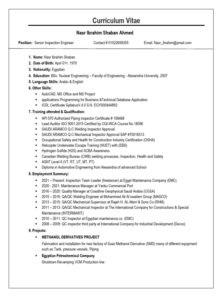 Senior Inspection Engineer CV | PDF | Nondestructive Testing | Welding