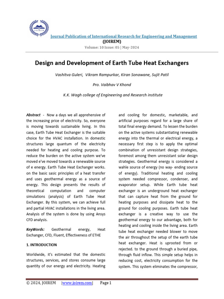 Earth Tube Heat Exchanger Design Analysis | PDF | Heat Transfer ...