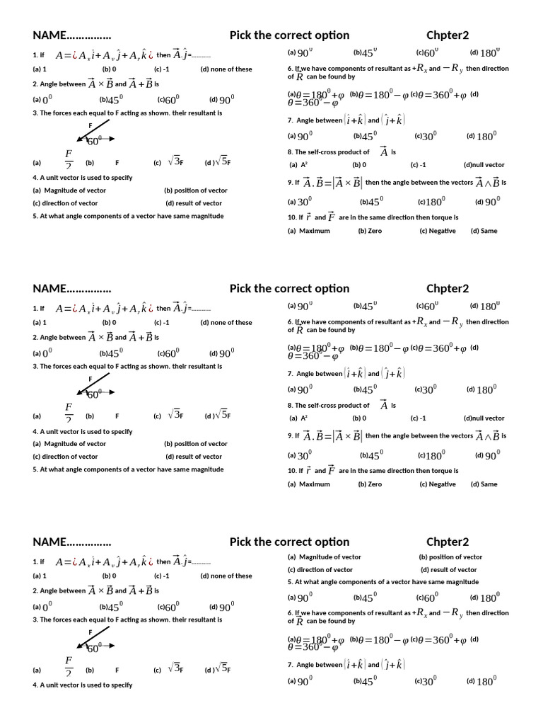 Chapter 2 MCQ TEST PHY 2023 | PDF | Euclidean Vector | Force