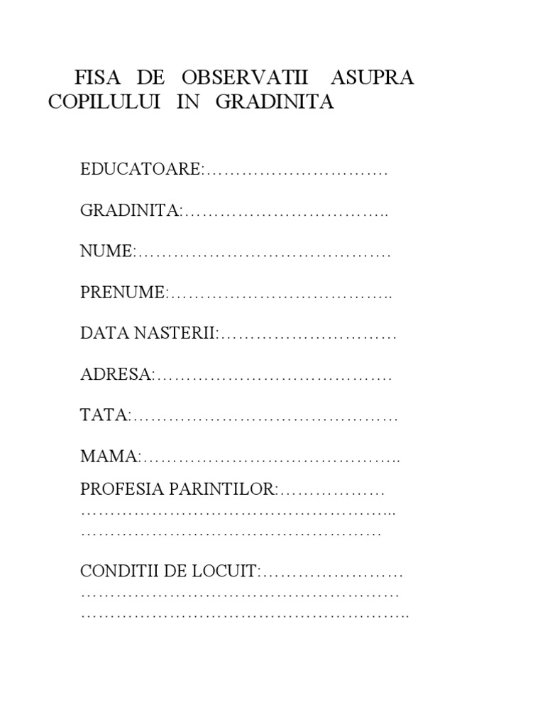 Fisa De Observatii Asupra Copilului In Gradinita