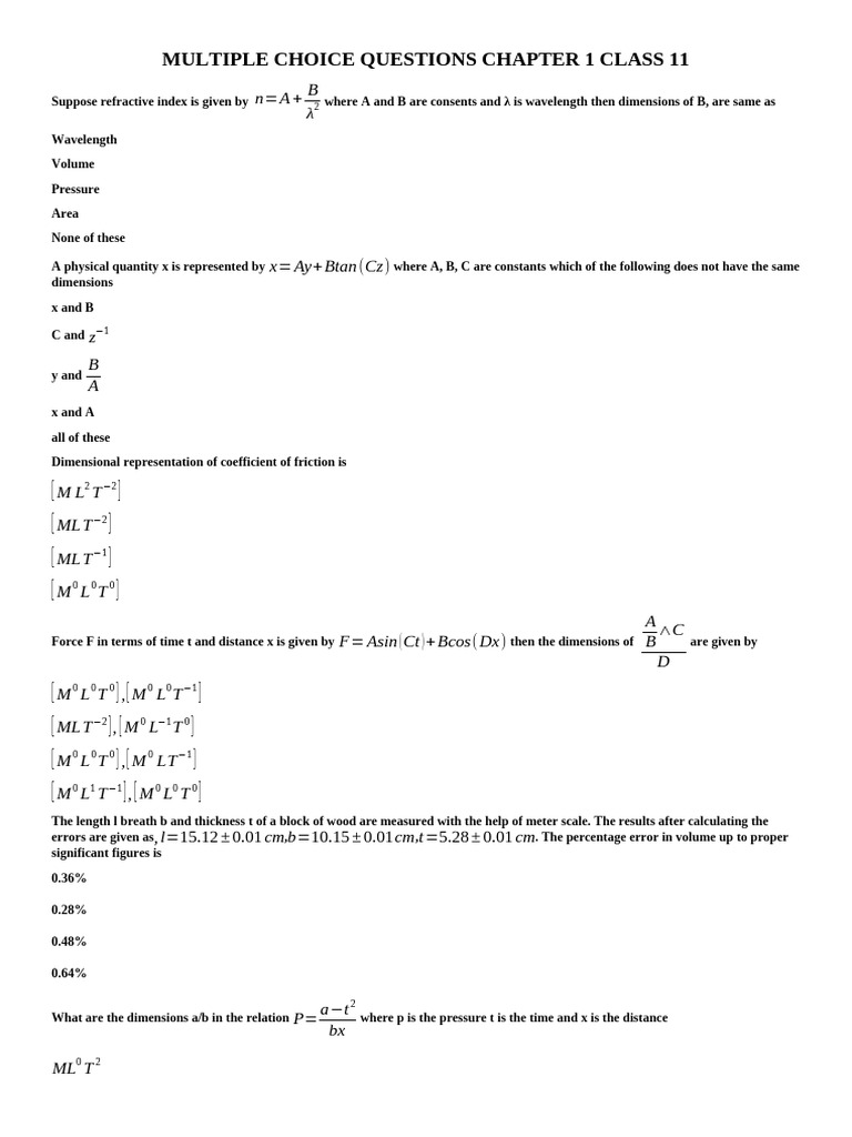 Class 11 Physics Chapter 1 MCQs | PDF | Quantity | Metrology