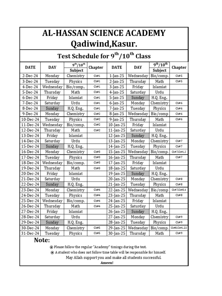 Test Schedule 9th and 10th 2024-2025.chnage | PDF